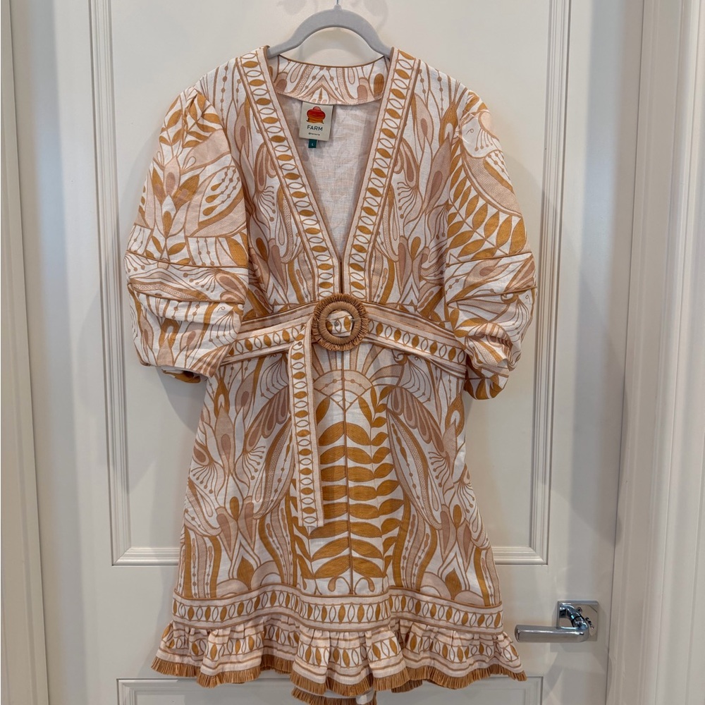 FARM Rio White and Mustard Embroidered Mini Dress with Belt
